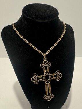 Vintage Sarah Coventry 1973 Large Cross Necklace Gold Tone Victorian Pendant